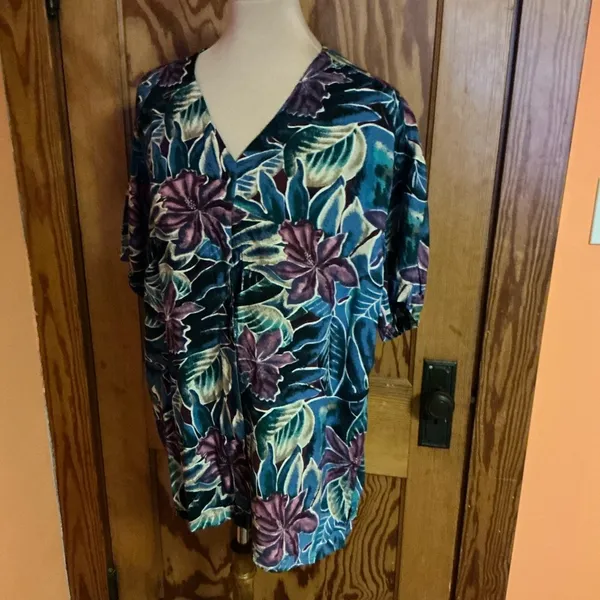 Vtg 80s Bright Tropical Flowers Blouse Blue Size L - Image 7