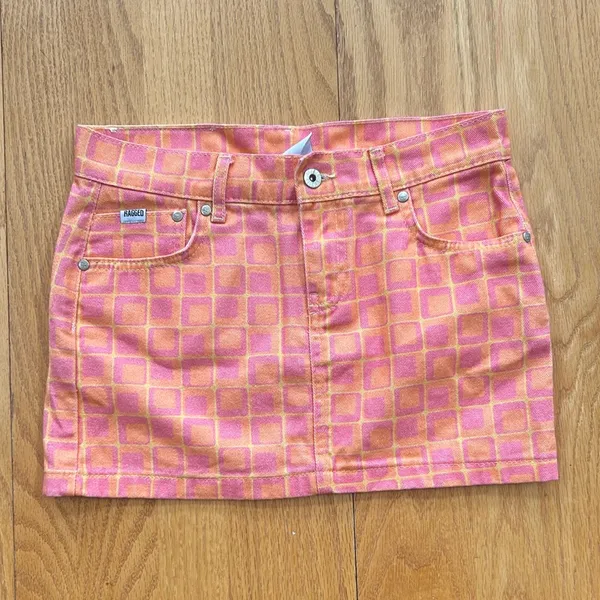 The Ragged Priest Doll Denim Mini Skirt Size 24 Pink‎ Orange Square Print Y2K - Image 2