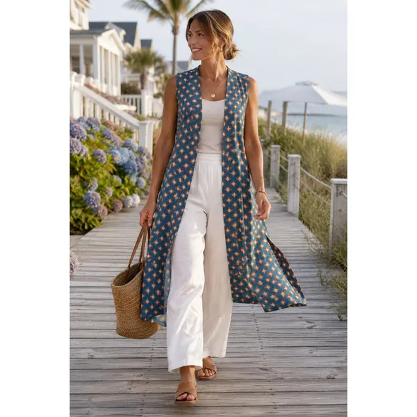 LuLaRoe Womens Duster Sz‎ S Joy Long Vest Teal Blue Orange Geometric Artsy NEW - Image 2