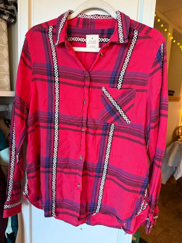 American Eagle Outfitters Red Western Plaid Flannel Button Up Shirt - Image 6