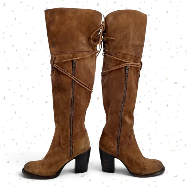 Freebird by Steven Brock Boots Brown Tan Suede Tall Heel Leather OTK Fall Boho 9 - Image 2