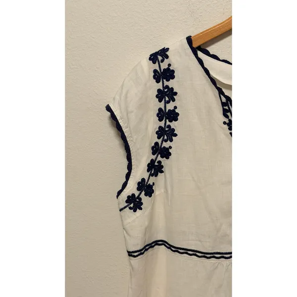 Boden Shift Dress Sz 16 Ivory Navy Blue Embroidered Linen V-Neck Boho Vacation - Image 5