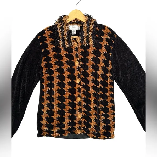 Lisa International Zip‎ Sweater Womens Gold Black Argyle Chenille Frilly 90s Y2K - Image 3