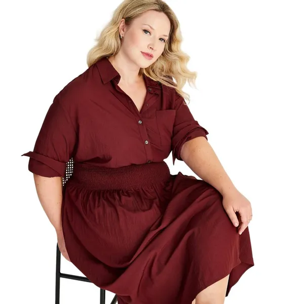 NWT Future Collective Long Sleeve Smocked Midi Shirtdress Burgundy Red XXL - Image 3
