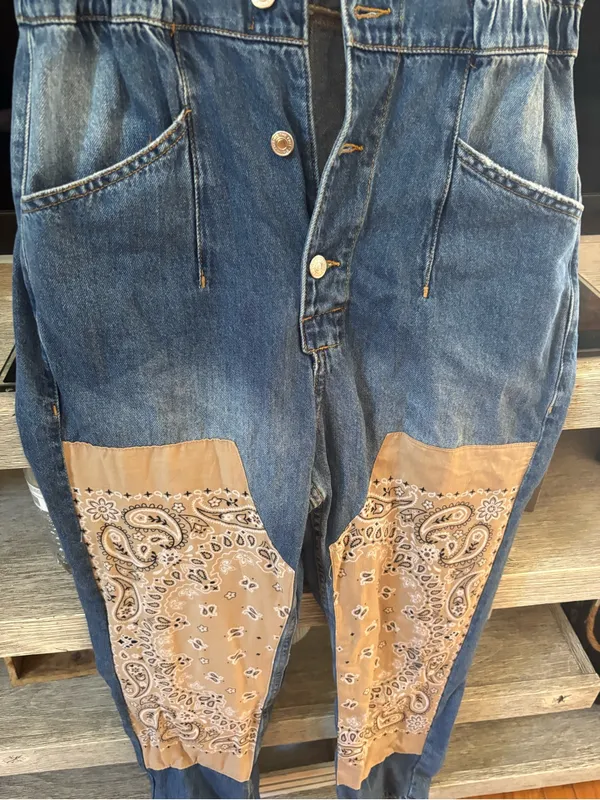 We The Free Blue Denim Short-Sleeve Jumpsuit with Tan Bandana Panels - Image 6