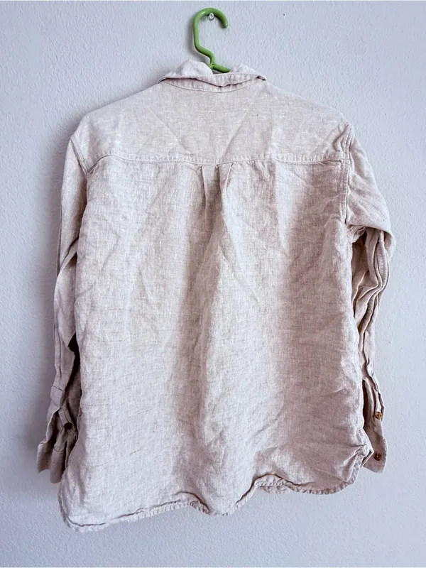 Athleta Linen Shirt Womens M Oatmeal Long Sleeve Button Down Casual Pocket Top - Image 2