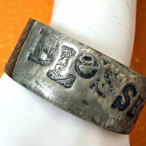 Vintage Handmade Copper BLESSED Mixed Metal Wide Cuff Bracelet - Image 8