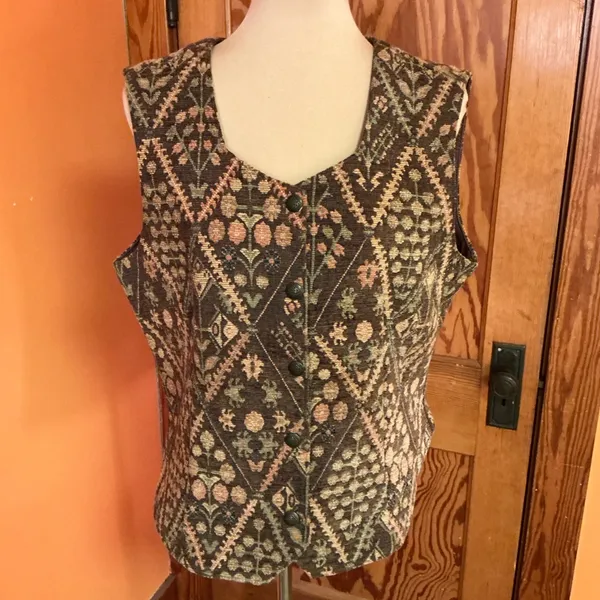 Vintage Tapestry Vest | Floral Geometric Button Front | Women’s Large - Image 8