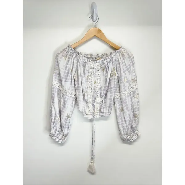 SURF GYPSY Metallic Star Print Crochet‎ Ruched Off Shoulder Crop Top Size Small - Image 5