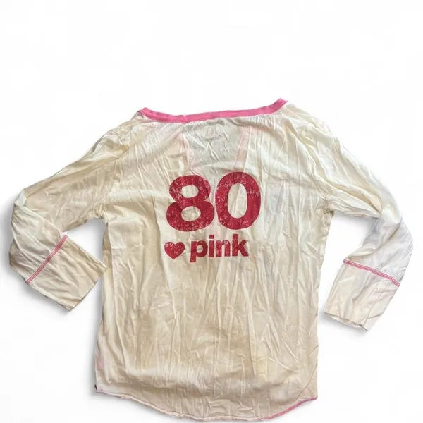 Vintage Y2K 2005 Victoria's Secret PINK Henley Top L White Pink Logo - Image 3