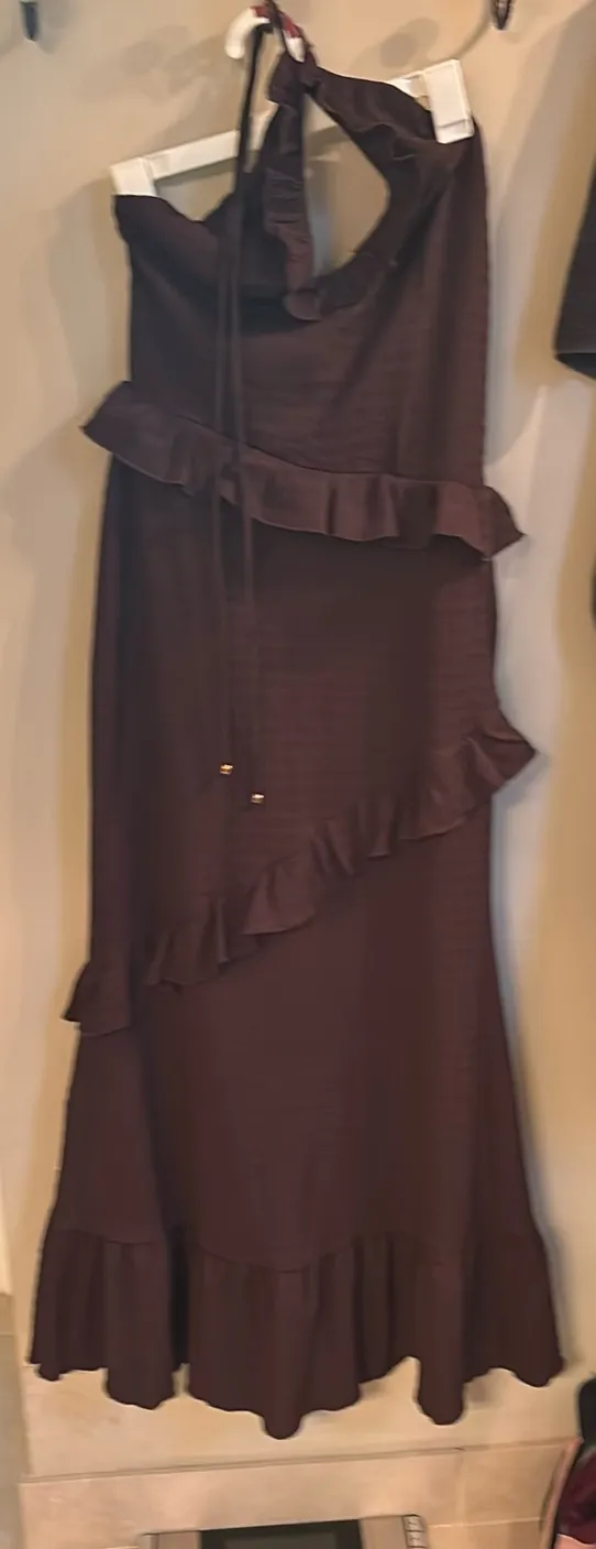 Hello Molly Chocolate Brown Ruffle Halter Maxi Dress - Image 5