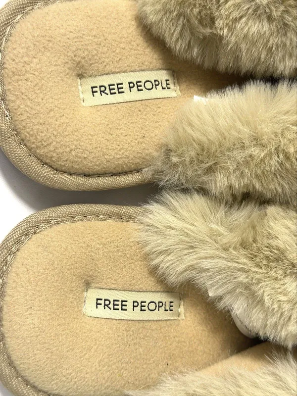Free People Womens Size 8 Faux Fur Crossover Slippers Beige Cozy Boho Slides - Image 5