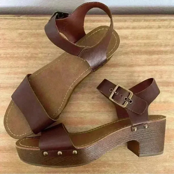American Eagle 9.5 Women Brown Faux Wood Ankle Strap Clog Heel‎ Platform Sandals - Image 3