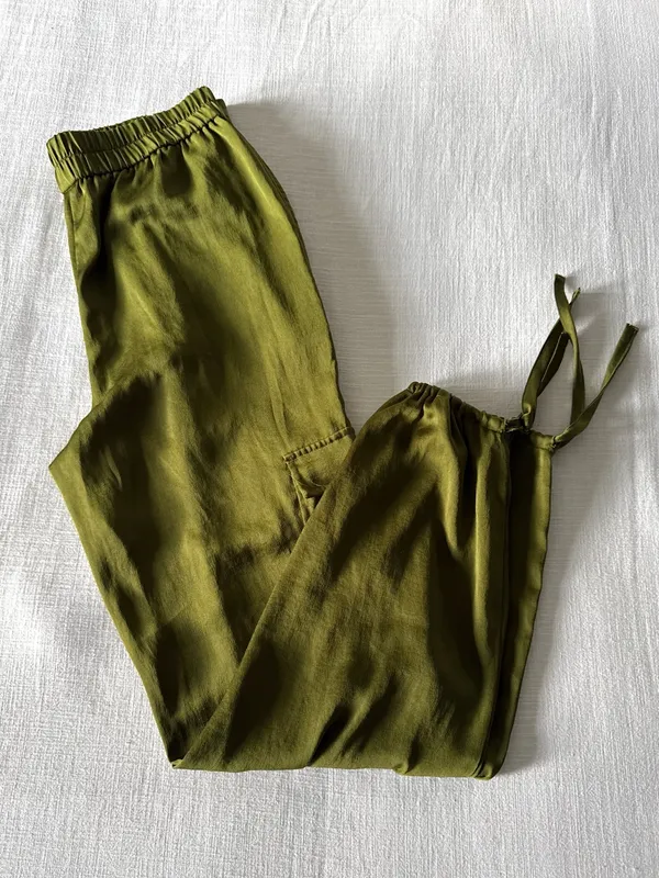 Open Edit Tie Detail Satin Cargo Pants Olive Green - small - Image 4