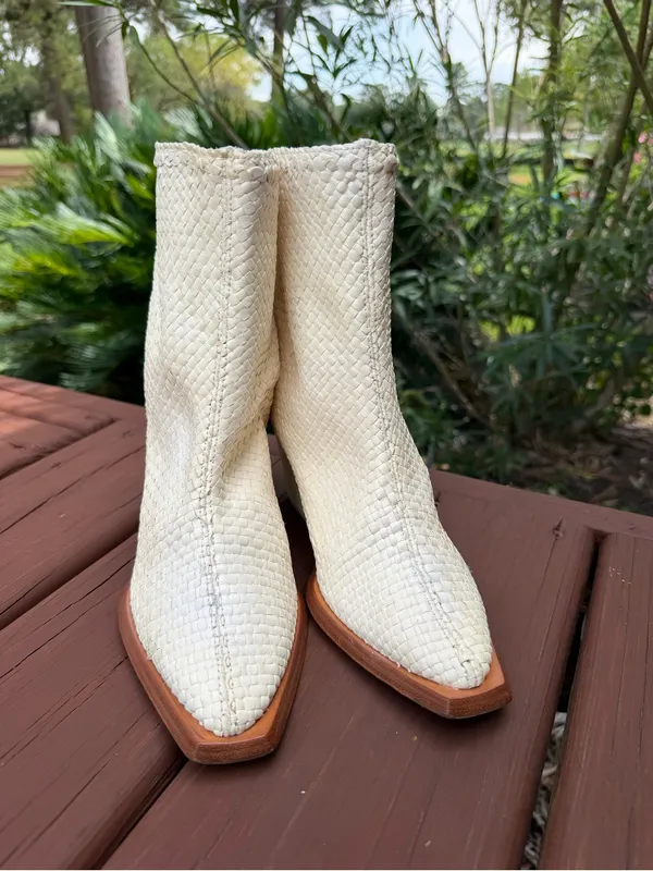 Miista Bondi Off White Woven Leather Western Ankle Boots Size US 7.5 $390 - Image 3