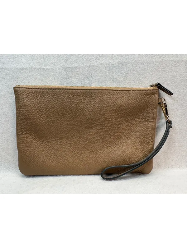 Brown Pebbled Leather Wristlet Clutch LMG Monogram Gold Tone Zip Pouch - Image 2