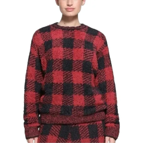 Skims Teddy Knit Crewneck Sweater Buffalo Check‎ Plaid Red Black SM - Image 2