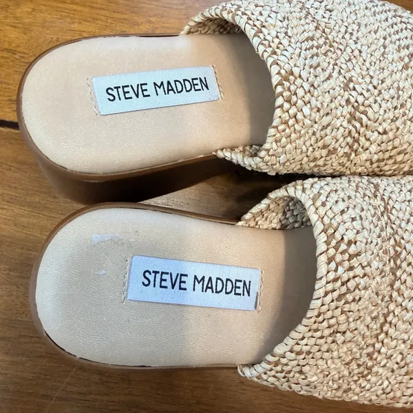 Steve Madden Raffia Platform Slide Sandals‎ Tan Woven Wedge size 37 Italy - Image 13