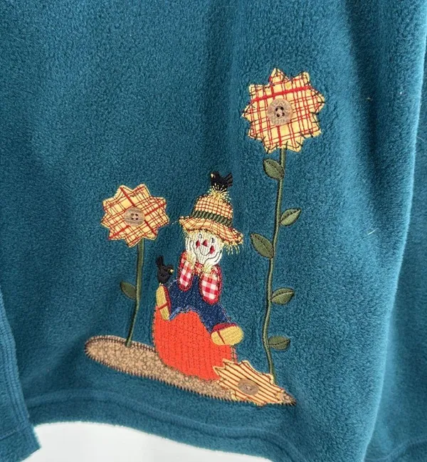 Croft & Barrow Teal button front fleece Sweater L scarecrow fall embroidered - Image 6