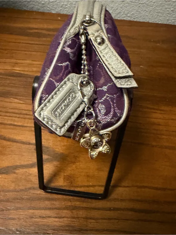 coach Purple Jacquard Cosmetic Case with Metallic Accents Coach charm added - Image 2
