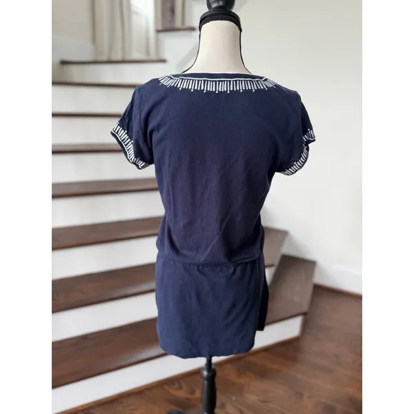Tory Burch Navy & White Embroidered Blouson Short Sleeve Shift Dress - Image 3