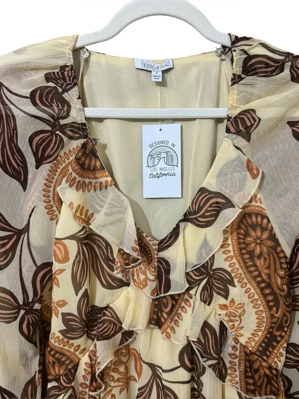 PATRONS OF PEACE Paisley Ruffle Maxi Dress S 17” p2p Pale Yellow $88 Retail NWT - Image 3