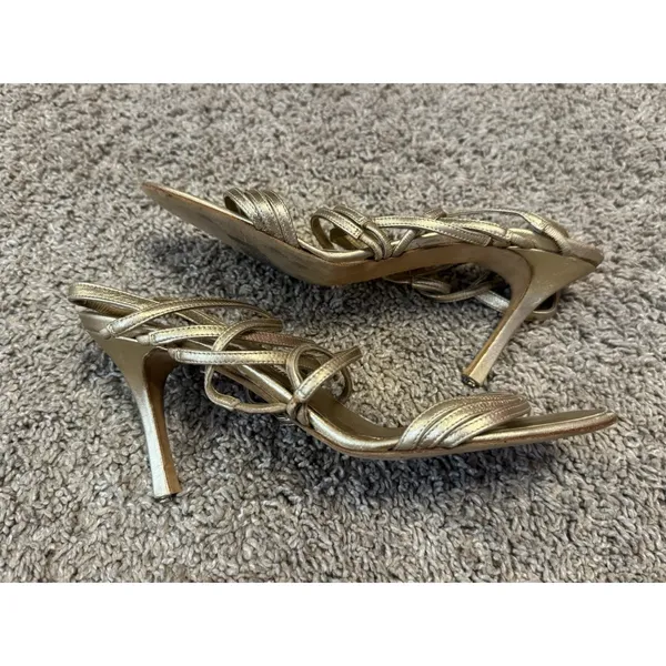 Vintage MANOLO BLAHNIK Metallic Champagne Lace-Up Sandal Stiletto Heels 37.5 - Image 5