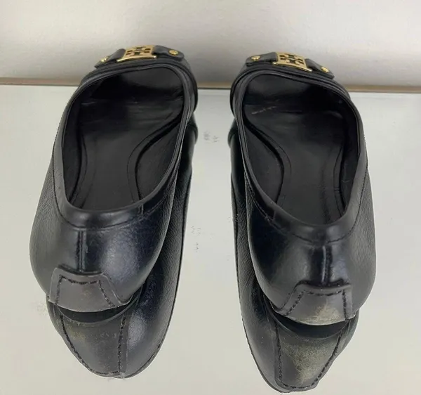 Black Leather Clines Peep-Toe Ballerina Flats - Image 5