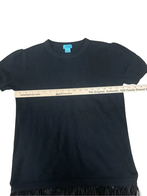 Black Feather-Hem Cashmere Short Sleeve Tee Sweater - Image 3