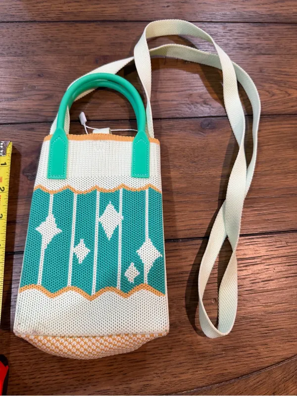 Mini Crossbody Phone Bag in Teal and Cream with Orange Trim - Image 3