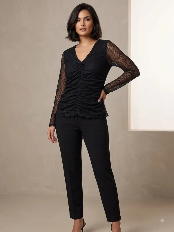 Black long-sleeve sheer/mesh lace ruched V-neck top - Image 4