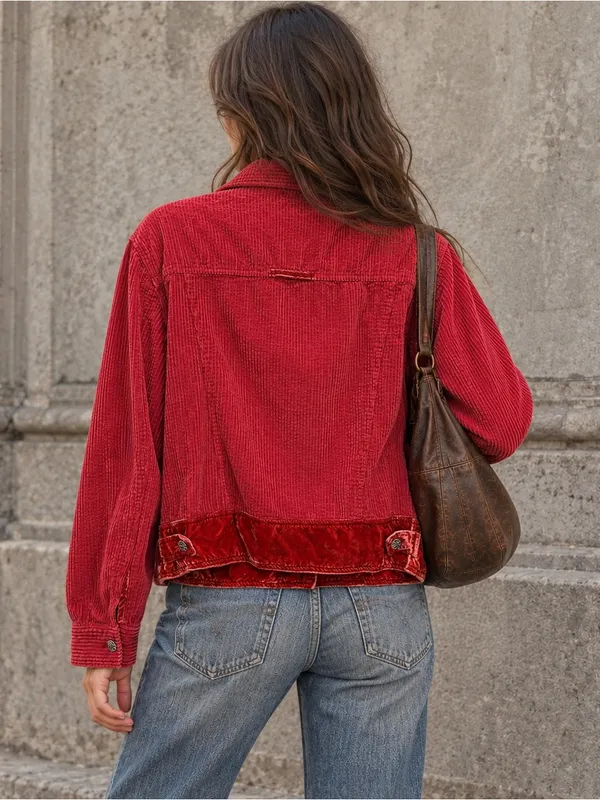 J.Jill Red Corduroy Trucker Jacket Velvet Trim Y2K Boho Small - Image 2