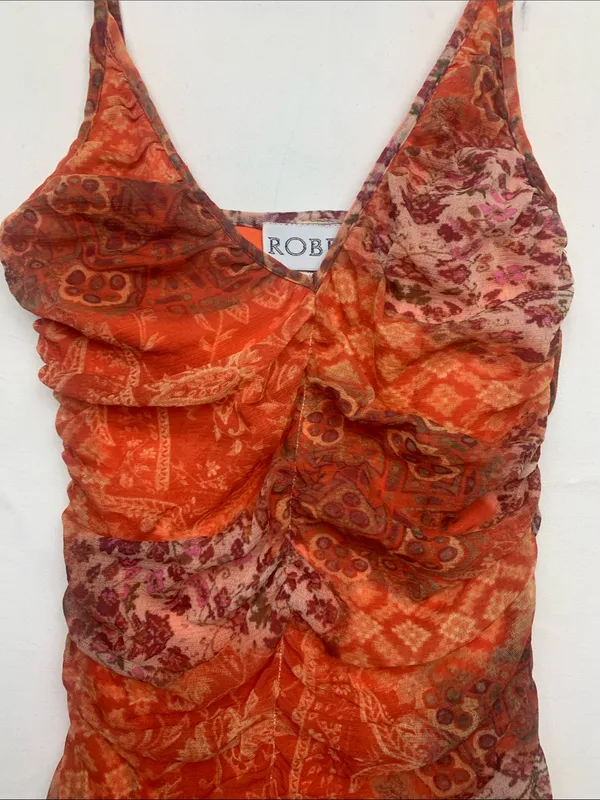 Roberta small 90s y2k Orange Ruffle ruched V-Neck Slip Dress brat party mini - Image 4