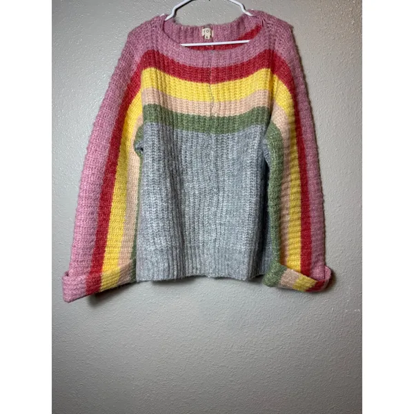 POL Rainbow Confetti Oversized Stripe Knit Sweater Size L Gray Multicolor - Image 4