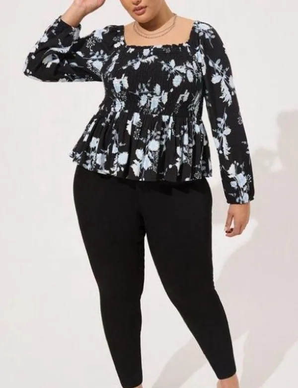 Torrid Rayon Slub Smocked Bodice Long Sleeve Crop Blouse - Image 4