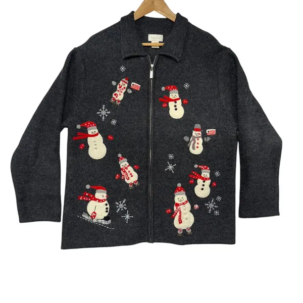 Studio Works Women's Gray 100% Wool Snowman X-Mas Embroidered Zip Up ‎ sweater L - Image 2