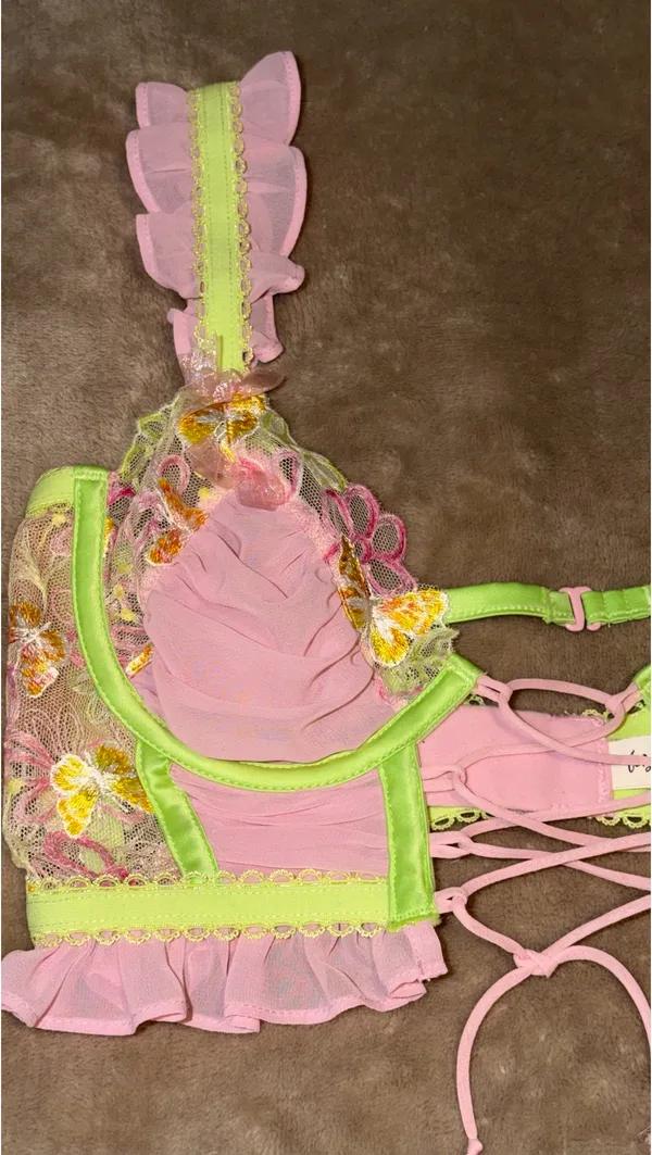 Exclusive For Love & Lemons & Victoria's Secret. Pink bra with yellow & orange floral embroidery and green trim #lingerie #floral - Image 2