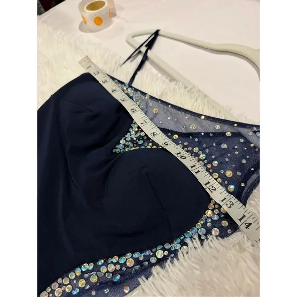 La Femme One Shoulder Sheer Rhinestone Formal Maxi Dress in Navy Blue Size 0 - Image 4