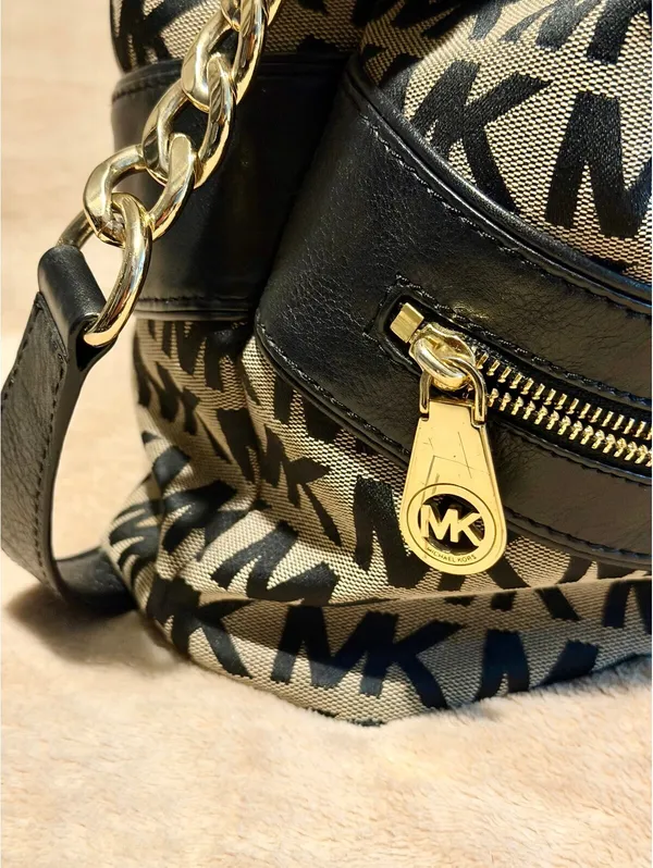 Michael Kors MK Signature Jacquard Hobo Shoulder Bag Black Beige Gold - Image 8