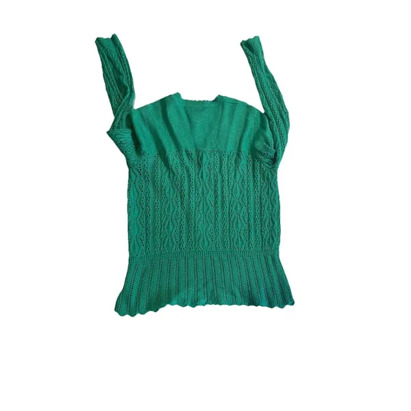 VTG Leslie Fay Sweater Size 10 Green Crochet V Neck Pointelle - Image 4