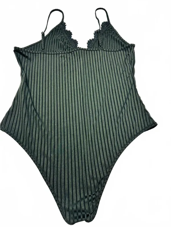SHEIN Curve 1XL Black Lace Trim Striped Bodysuit - Image 2
