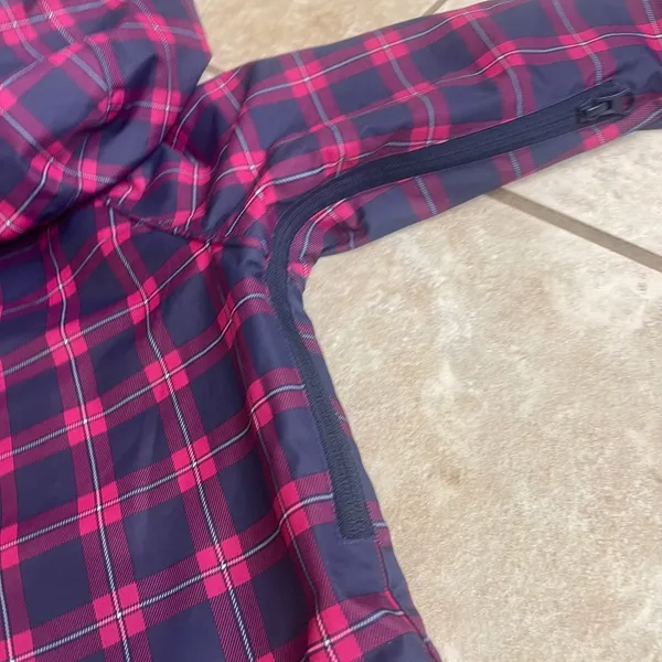 Burton Womens Plaid Hooded Rain Jacket Pink Navy Blue Mesh Lined Pit Zips Sz SM - Image 5