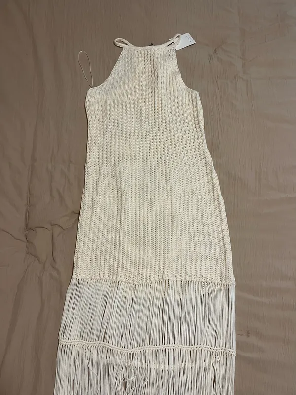 Cream Fringe Crochet Dress - Image 2