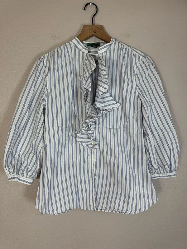 Ralph Lauren Jeans Company Cotton Striped Ruffle Blue White Blouse Medium - Image 6