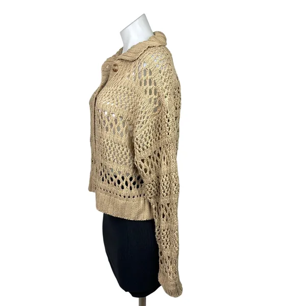 Gilli Beige Collared Button Down Crochet Knit Boho Cardigan Sweater Top Size S Brown - Image 3
