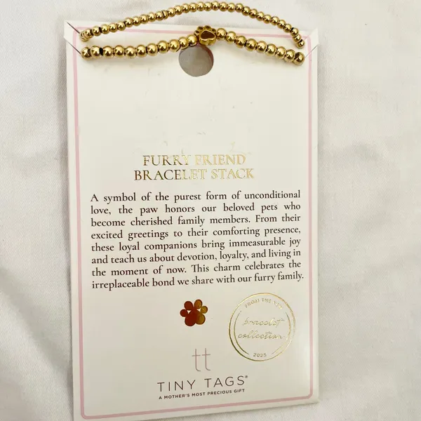 Tiny Tags‎ Furry Friend Bracelet Stack Gold Beaded Paw Print Charm 2pc Set NEW - Image 2