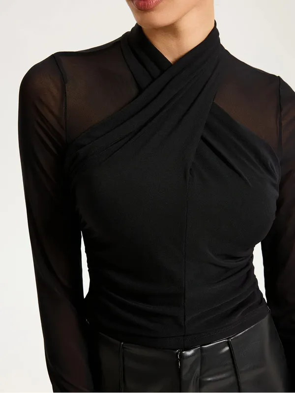 Commense Black Mesh Ruched Cross-Halter Long Sleeve Top NWT Size Small - Image 8