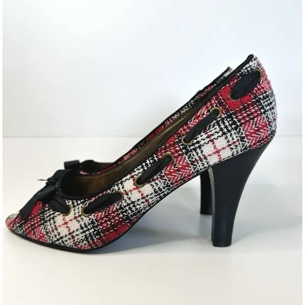 Steve Madden NINNA Plaid Peep Toe Heels Size 9 M Red Tweed Bow‎ Twee Y2K Pin-Up - Image 6