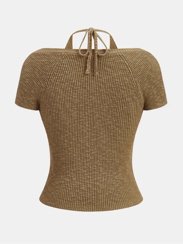 Commense S Brown Layered Wrap Knit Top Halter Tie Short Sleeve Y2K - Image 7