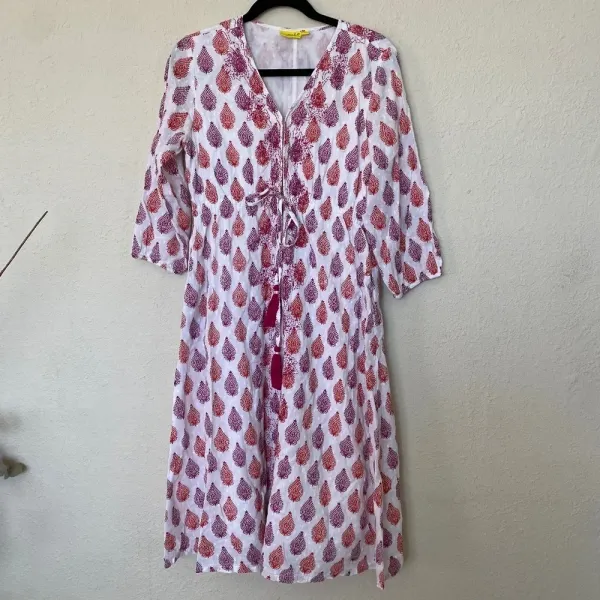 Roller Rabbit Cotton‎ midi Dress in Floral Block Print tassels red white size S - Image 2